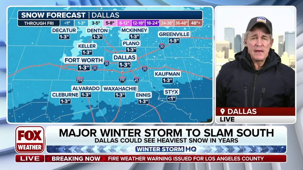 Snow, sleet and freezing rain are expected as the storm sweeps across Texas Thursday into the Southeast on Friday.