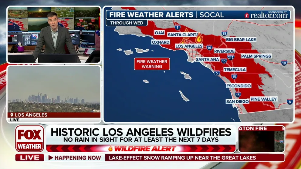 As fires rage, the Los Angeles area is again facing the threat of extreme fire weather as Santa Ana winds crank up.