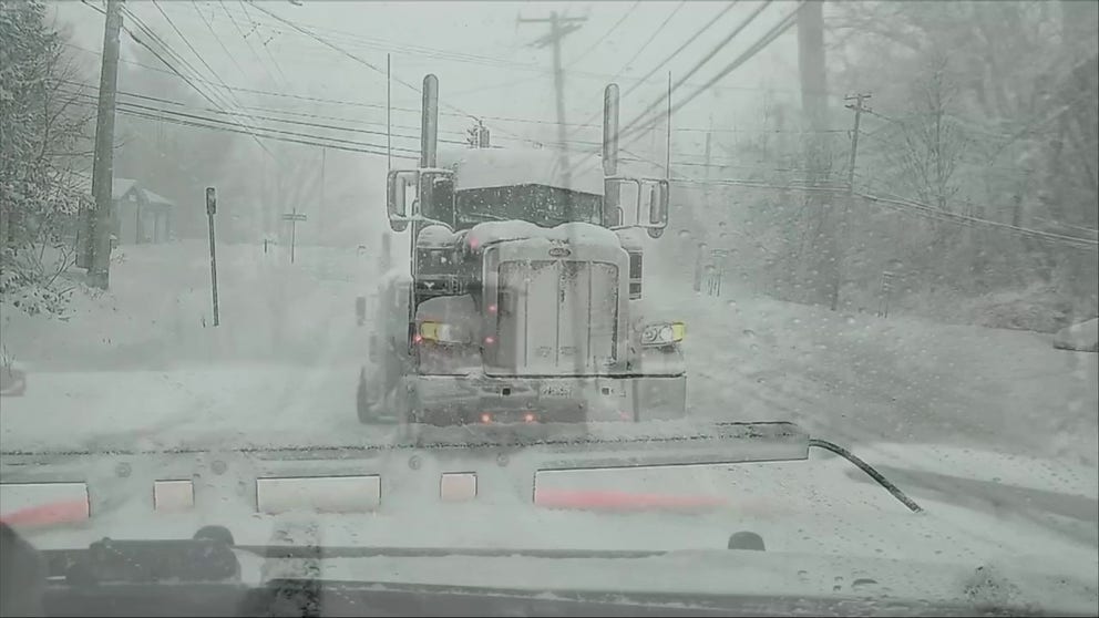 Exclusive FOX Weather Storm Tracker Corey Gerken rescues semi-truck stuck in snow near State Route 20 near Irving, NY. during multi-day lake-effect snow event.