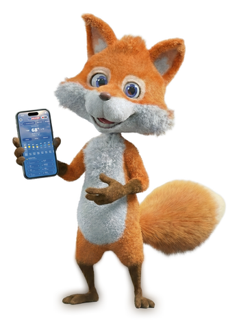 Sonny the FOX Weather mascot holding a phone with the FOX Weather app