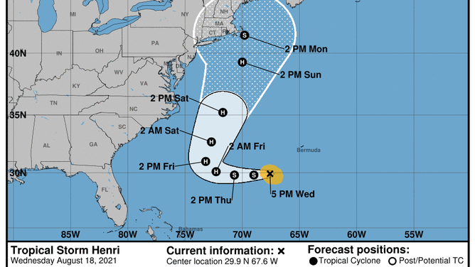 Henri forecast track from NHC 5 p.m. 8-18-2021