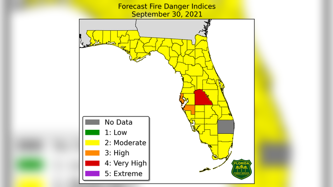 A map showing the Fire Danger Index for all of Florida.