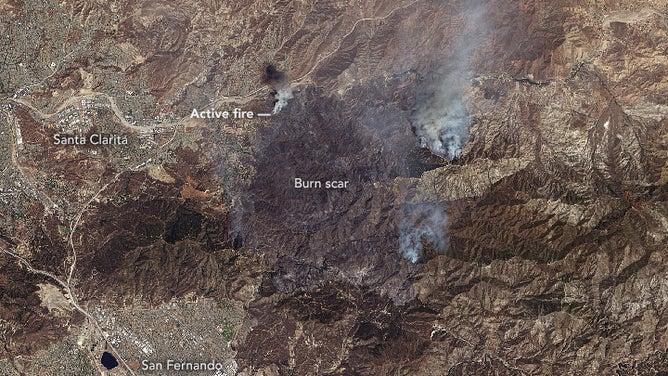 An image taken by NASA's Landsat 8 spacecraft shows scorch marks from the Sand Fire in Southern California on July 24, 2016.