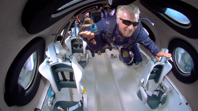 Richard Branson and the Unity 22 crew experience the weightlessness of space during a July 11, 2021 spaceflight with his space travel company, Virgin Galactic.