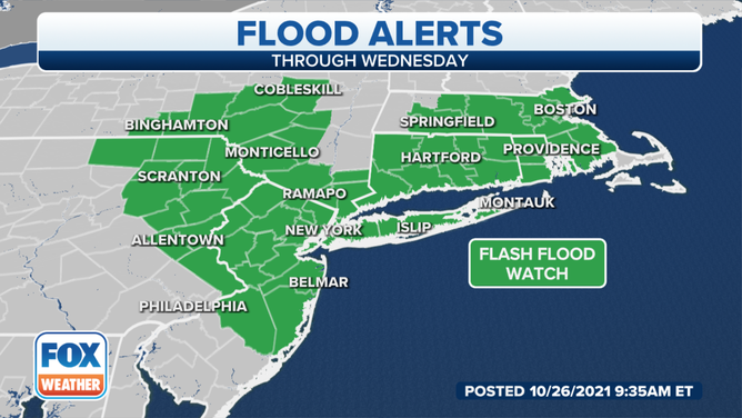 Flood alerts, shaded in green, are issued by the National Weather Service.