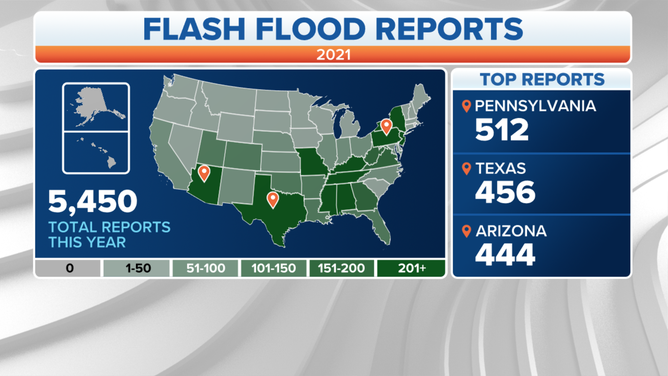 A map showing 2021 flash flood reports in the U.S.