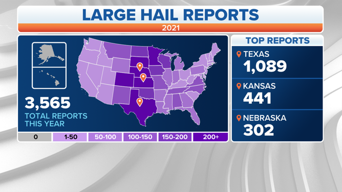 A map of the U.S. showing reports of large hail.