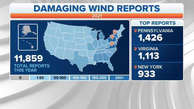 A map of the U.S. showing damaging wind reports for 2021