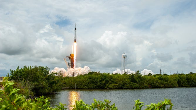 The SpaceX Falcon 9 rocket carrying the Dragon cargo capsule soars upward after lifting off from Launch Complex 39A at NASA's Kennedy Space Center in Florida on June 3, 2021, on the company's 22nd Commercial Resupply Services mission for the agency to the International Space Station. Liftoff was at 1:29 p.m. EDT.