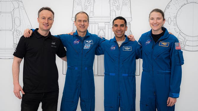 SpaceX Crew-3 astronauts (from left) Matthias Maurer, Thomas Marshburn, Raja Chari, and Kayla Barron pose for a portrait during preflight training at SpaceX headquarters in Hawthorne, California. Credit: SpaceX