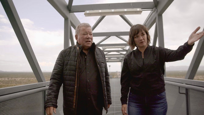 Actor William Shatner, 90, tours the launch tower with Blue Origin's Sarah Knights at Launch Site One in West Texas.