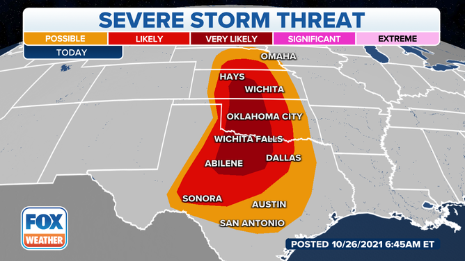 Severe thunderstorm threat on Tuesday, Oct. 26, 2021.