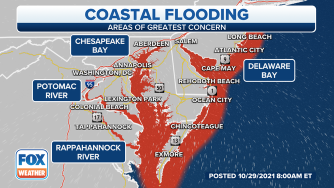 Areas shaded in red have the highest risk of coastal flooding.