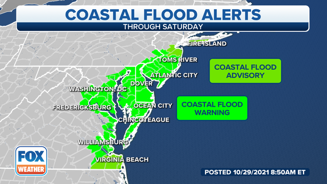 Coastal flood alerts are in effect from New Jersey to the Virginia Tidewater.