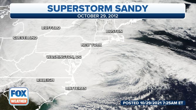 Satellite image of Superstorm Sandy off the mid-Atlantic coast on Oct. 29, 2012.
