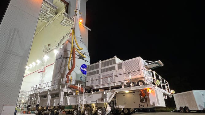 The Orion spacecraft is rolled into the Kennedy Space Center Vehicle Assembly Building on Oct. 19, 2021.