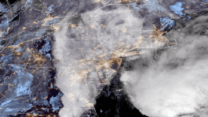 Satellite imagery of the Northeast being impacted by a nor'easter on October 26, 2021.