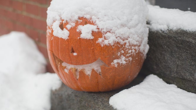 An autumn pumpkin with some snow in its eyes on Tuesday, Nov. 20, 2018.