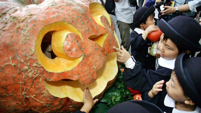 Children try to touch a large jack-o-lantern displayed for the Halloween event at Universal Studios Japan.