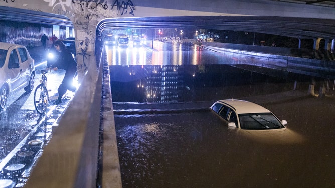 A view of flooded streets after heavy rain in Ljubljana, Slovenia on September 30, 2021. More than 500 workplaces damaged due to heavy rain after 88 litres of rain per square meter fell. (Photo by Ales Beno/Anadolu Agency via Getty Images)