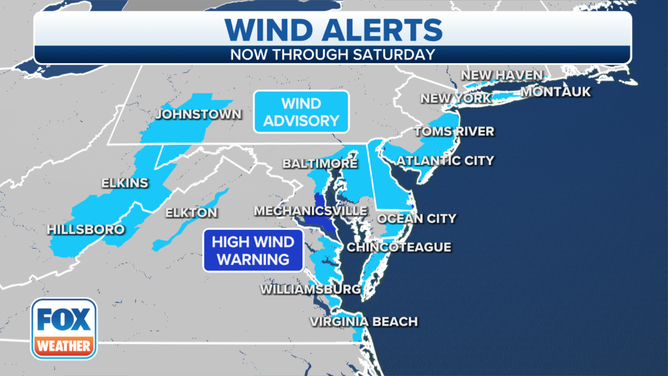 Wind Advisories and High Wind Warnings are in effect for parts of the mid-Atlantic.