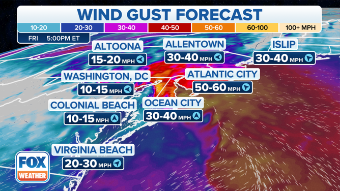 Wind gust forecast in the mid-Atlantic Friday evening, Oct. 29, 2021.