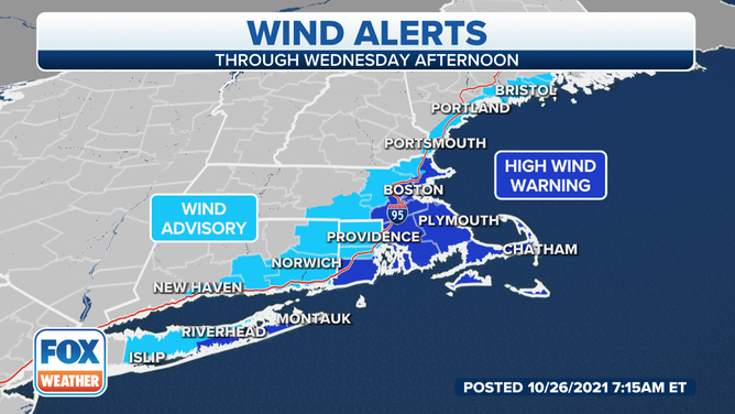 Wind alerts, shaded in blue, are issued by the National Weather Service.