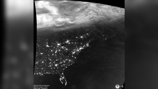 The northern lights as seen from a NOAA satellite on Monday, Oct. 11, 2021.