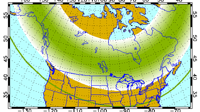 A map of North American showing the aurora range for Oct. 11, 2021.