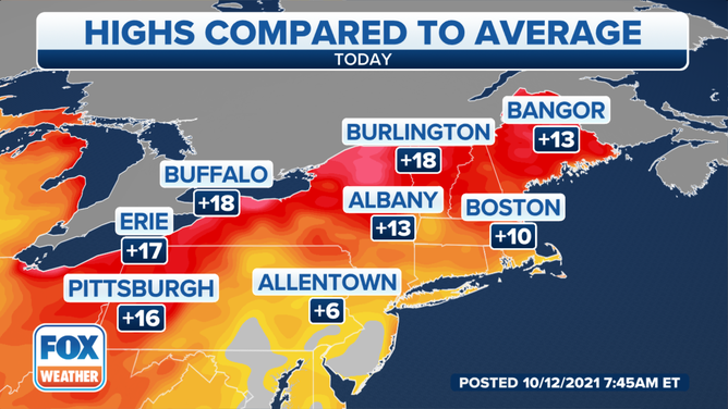 Northeast departure from average temps 10-12-21