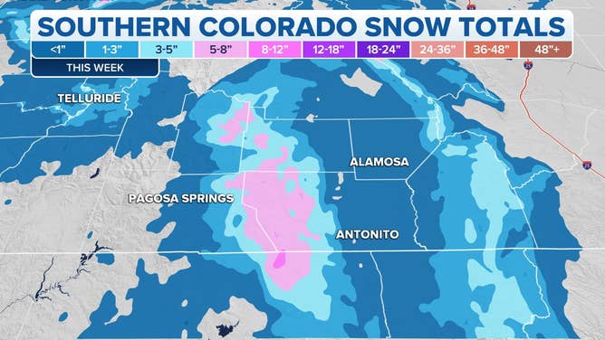 A map of southern Colorado with colored snow totals