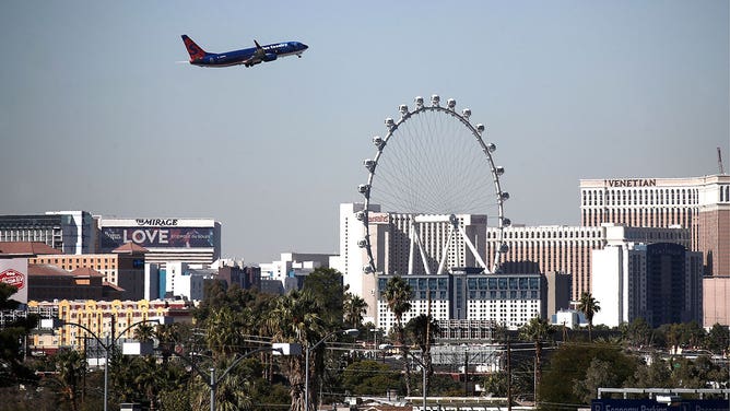 Southwest Airlines plane flies over Las Vegas