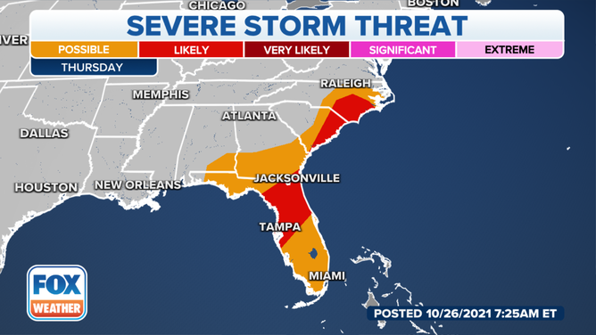 Severe thunderstorm threat on Thursday, Oct. 28, 2021.