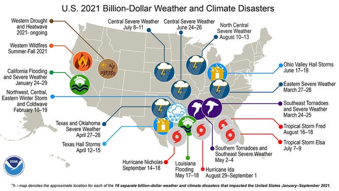 Map of billion-dollar disaster in US in 2021