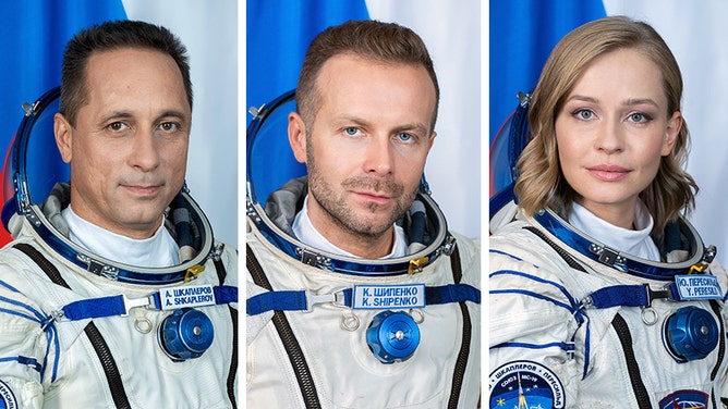 The Soyuz MS-19 crew with (from left): Roscosmos cosmonaut Anton Shkaplerov, producer Klim Shipenko and actress Yulia Peresild.