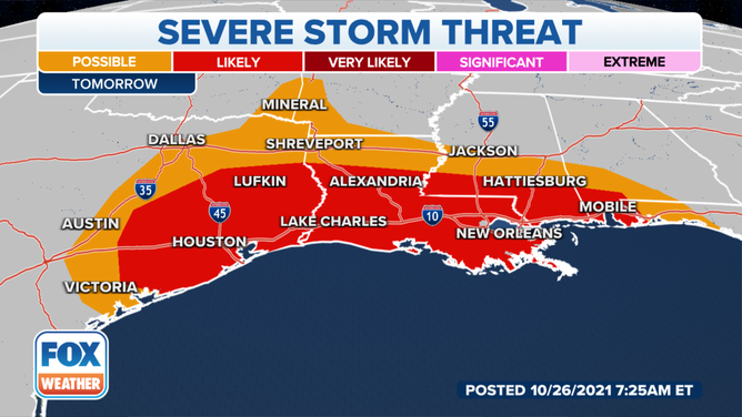 Severe thunderstorm threat on Wednesday, Oct. 27, 2021.