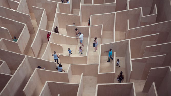 Visitors make their way through a maze.