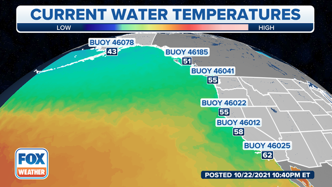 This file photo shows water temperatures in the Pacific Ocean in October 2021.