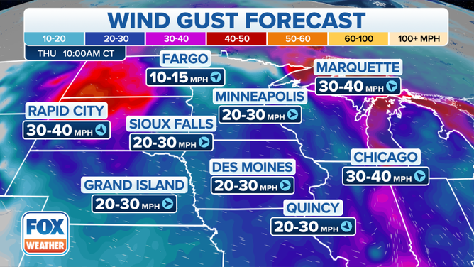 Wind gust forecast on Thursday, Nov. 11, 2021.