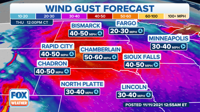 Wind gust forecast Thursday, Nov. 11, 2021.