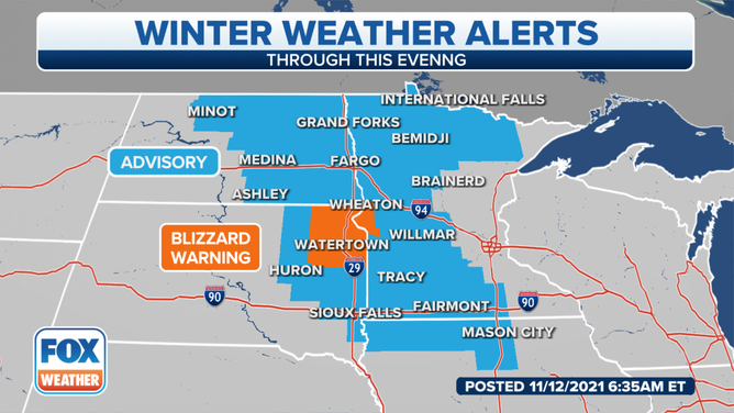 Winter weather alerts are posted in parts of the Northern Plains and upper Midwest on Friday, Nov. 12, 2021.