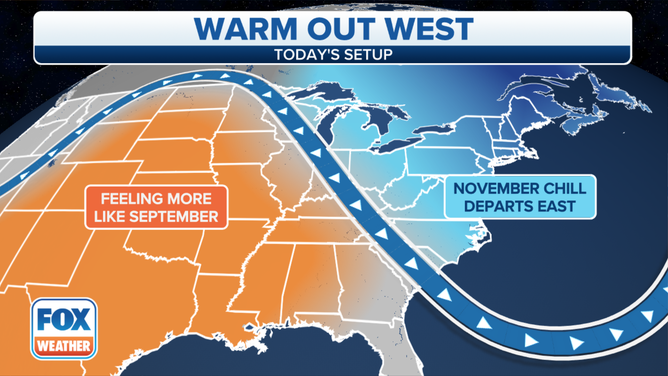 High temperatures will be 10 to 25 degrees warmer than average in the Central and Southern Plains on Tuesday, Nov. 16, 2021.