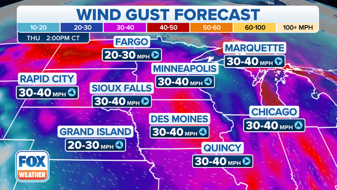 Wind gust forecast on Thursday, Nov. 11, 2021.