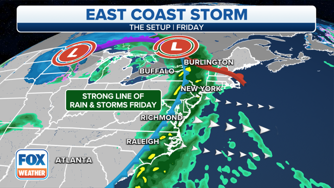 A strong line of rain and thunderstorms will move through the eastern U.S. Friday, Nov. 12, 2021.