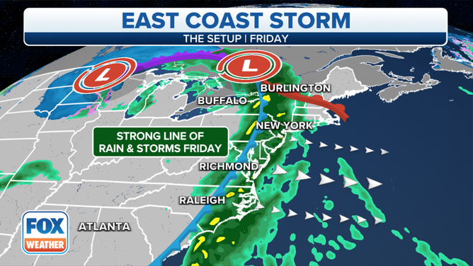 A line of rain and thunderstorms will move through the eastern U.S. Friday, Nov. 12, 2021.