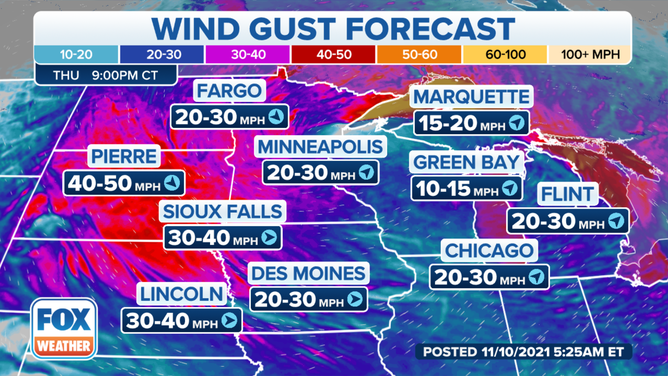 Wind gust forecast Thursday, Nov. 11, 2021.