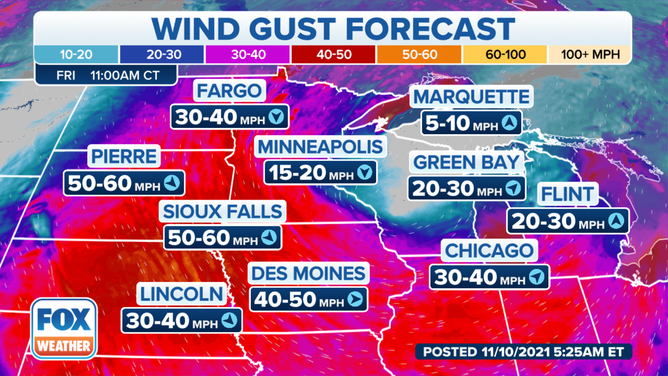 Wind gust forecast Friday, Nov. 12, 2021.