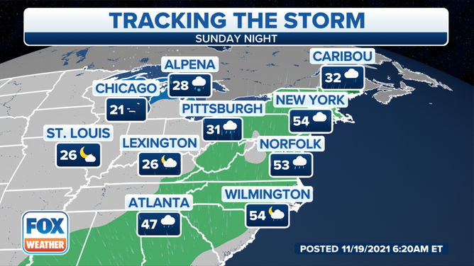 The forecast for Sunday night, Nov. 21, 2021.