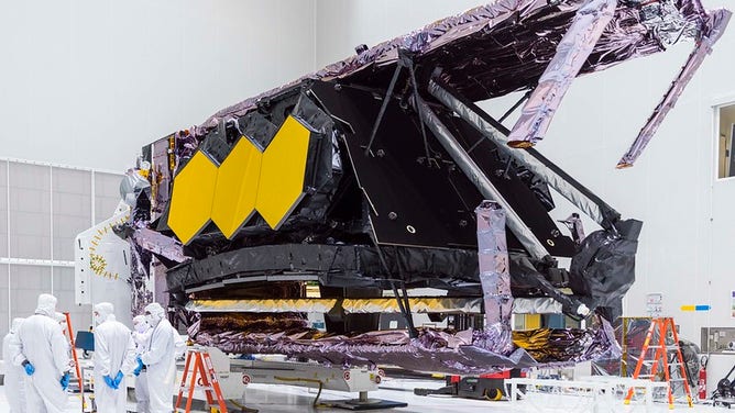 The James Webb Space Telescope inside the cleanroom at its launch site at Guiana Space Center, in French Guiana. (Image credit: NASA/Chris Gunn)