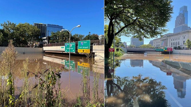 The Vine Street Expressway (Interstate 676) in Center City, Philadelphia, was entirely submerged Thursday morning, Sept. 2, 2021.